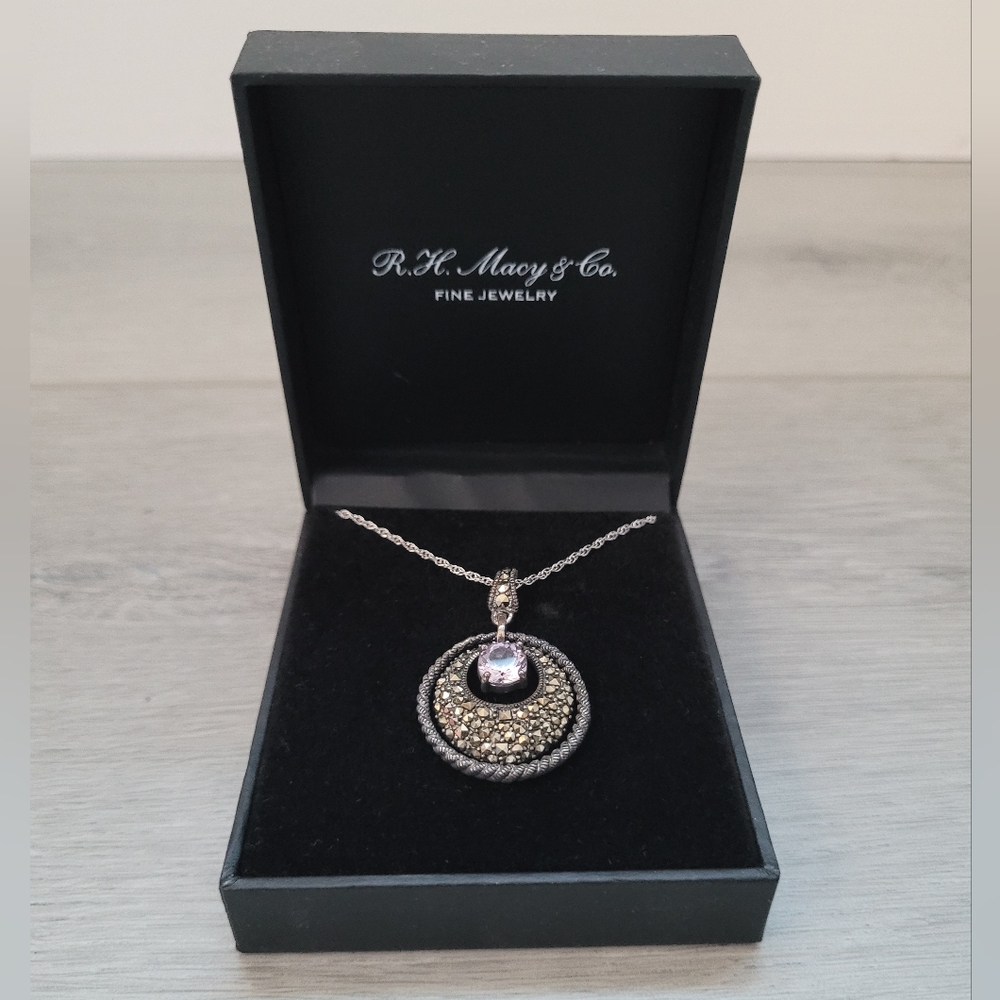 NWT Vintage Macy's Sterling Marcasite Amethyst Pendant Necklace & Earrings Set